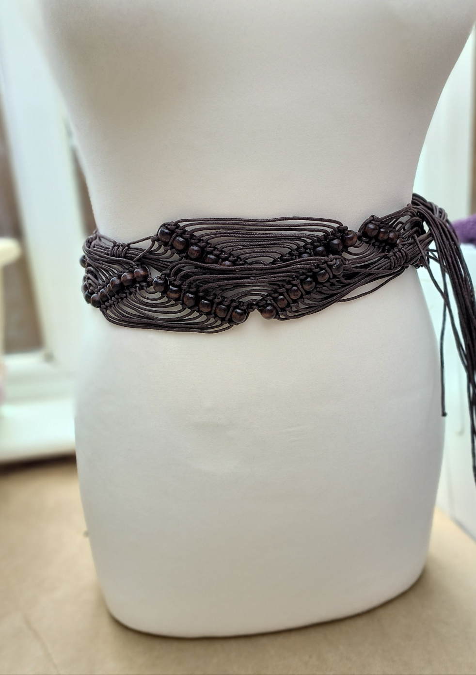 Brown zig zag beaded macrame tassel belt