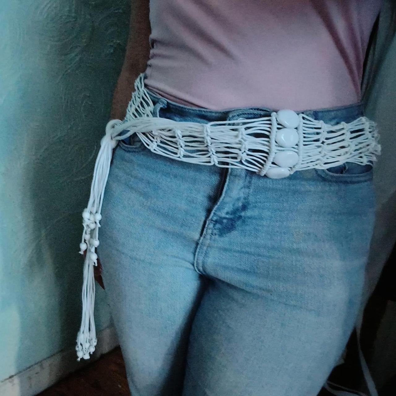 White macrame tassel belt