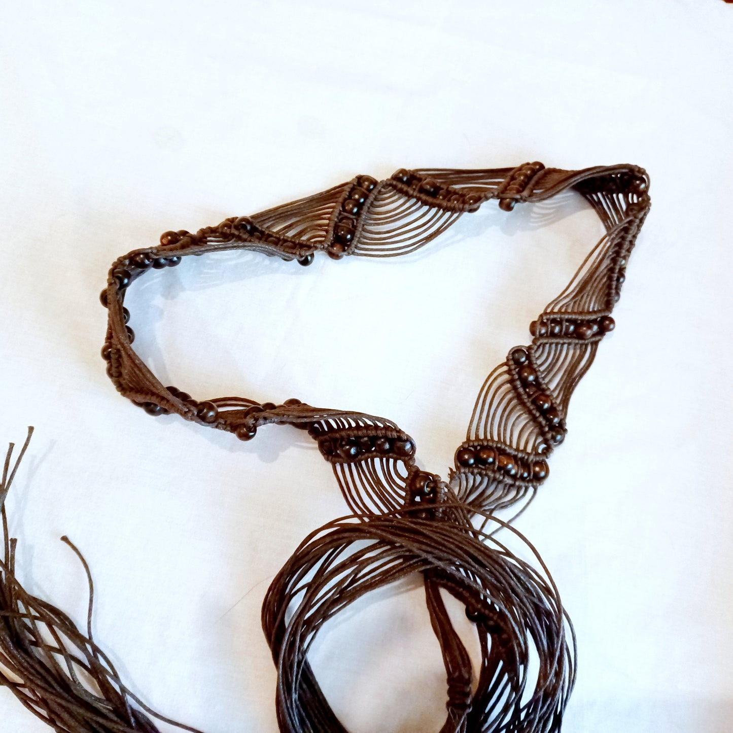 Brown zig zag beaded macrame tassel belt